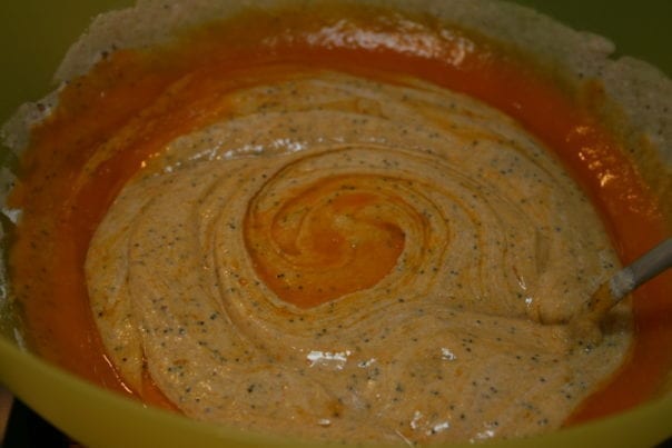 Mixing pumpkin puree into sugare-free oil-free vegan pie dough