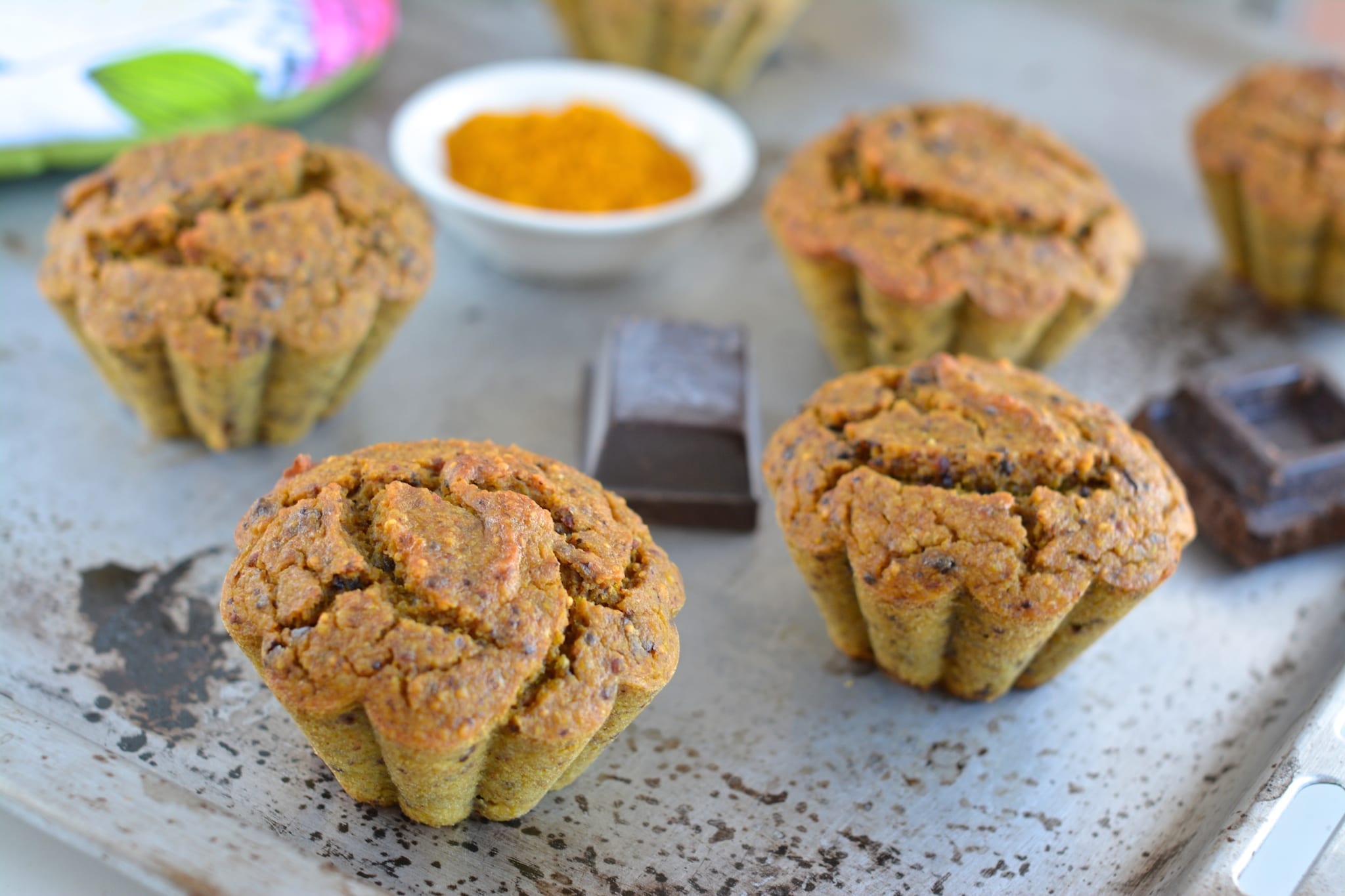 Turmeric-Chocolate Muffins with soaked millet and buckwheat