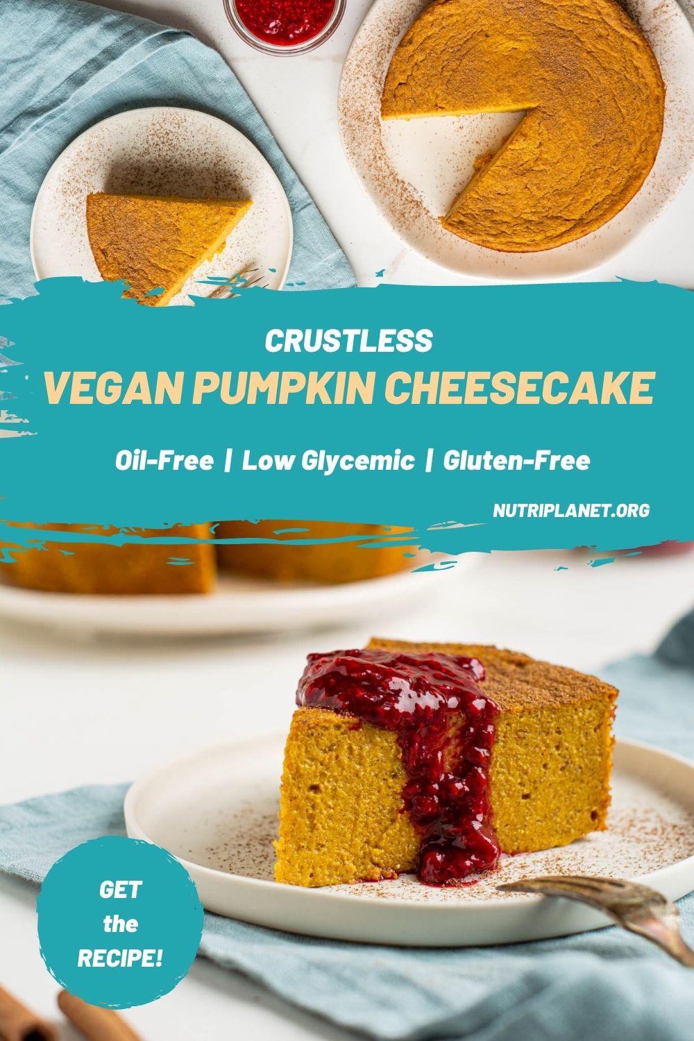 Delicious and healthy vegan pumpkin cheesecake with a silky-smooth texture. It is low-glycemic, gluten-free, oil-free and refined sugar free. Make it with it without crust. 