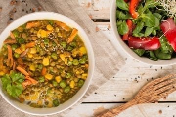 Vegan Stew with Brown Lentils, Green Peas and Corn