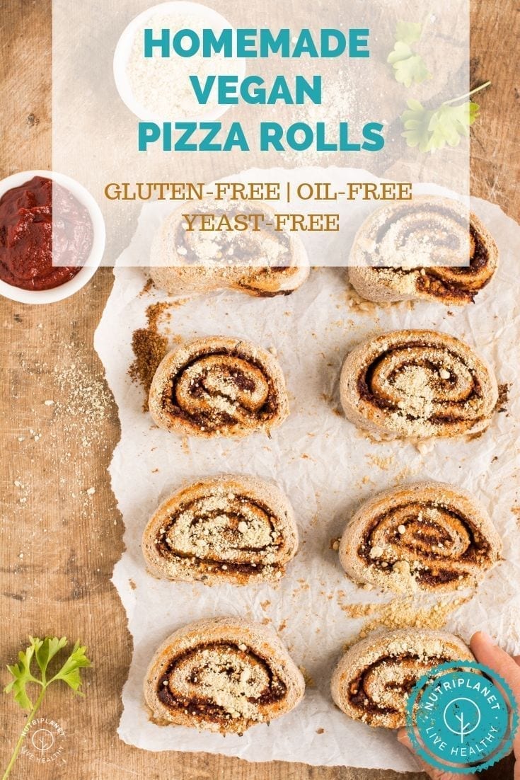 Homemade gluten-free vegan pizza rolls make a healthy savoury bite sized snack for busy weekdays. Furthermore, they are yeast-free and oil-free.