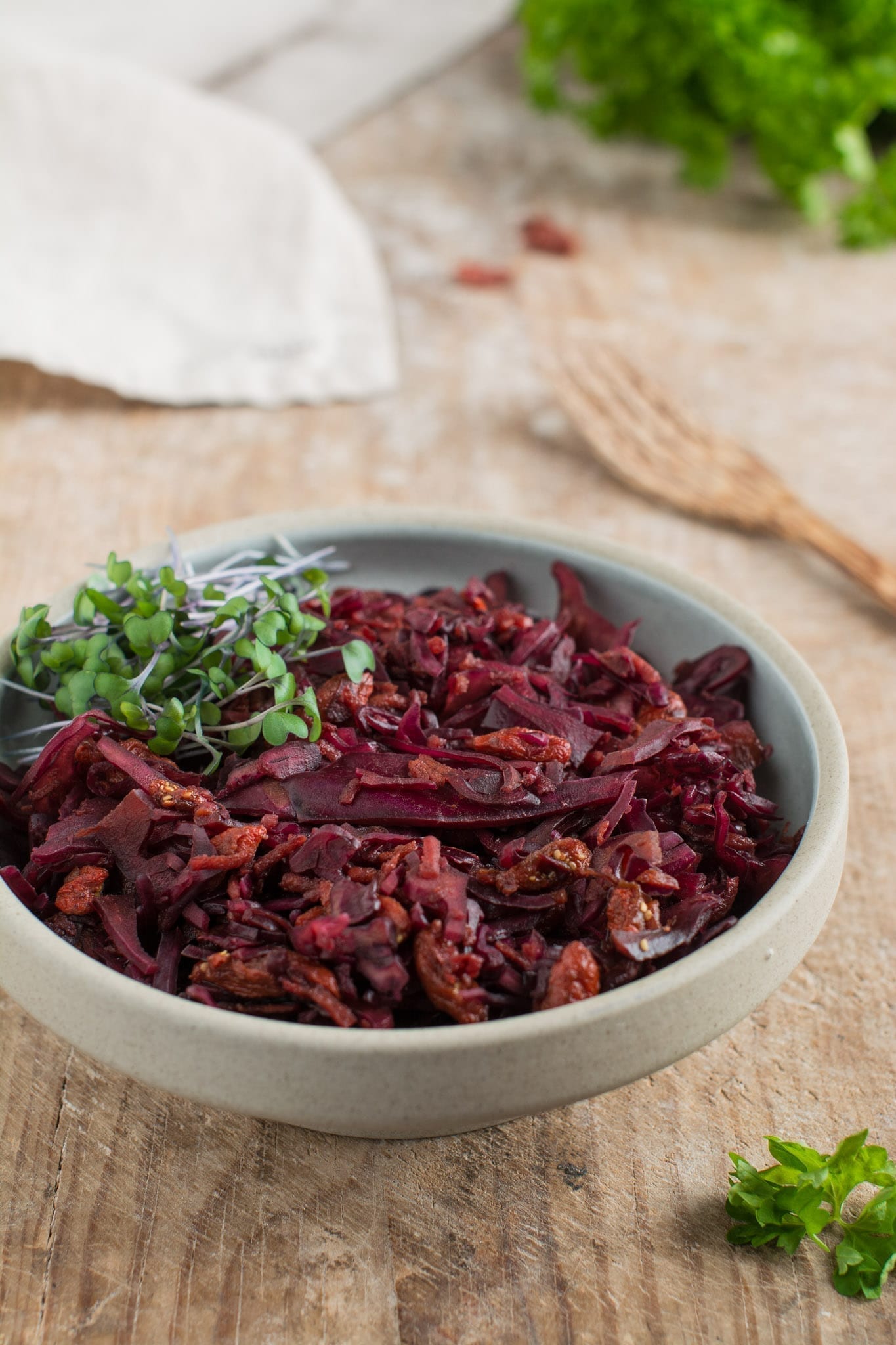 Vegan red cabbage coleslaw makes an excellent side dish packed with vitamins with an extra boost of friendly bacteria from miso paste.